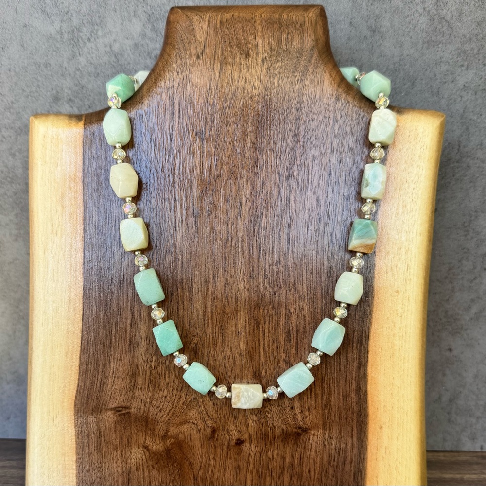 Handmade Natural Stone Amazonite and AB Glass Beaded Necklace - Picture 3 of 8
